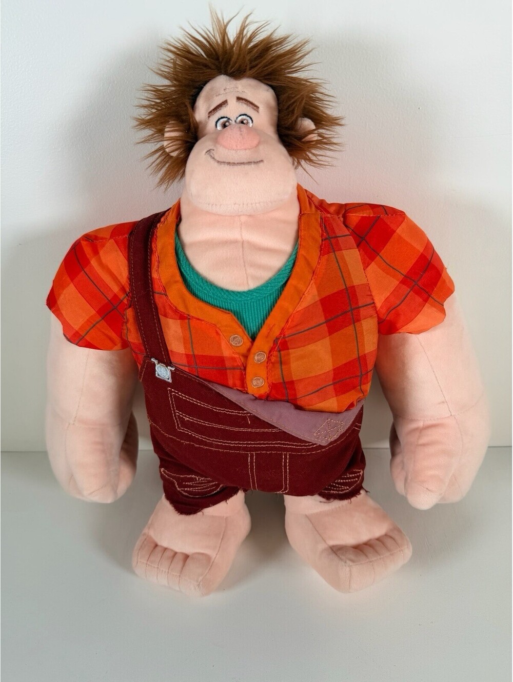 Disney Store Wreck-It Ralph Large Plush Stuffed Toy Orange Plaid Overalls 15"
